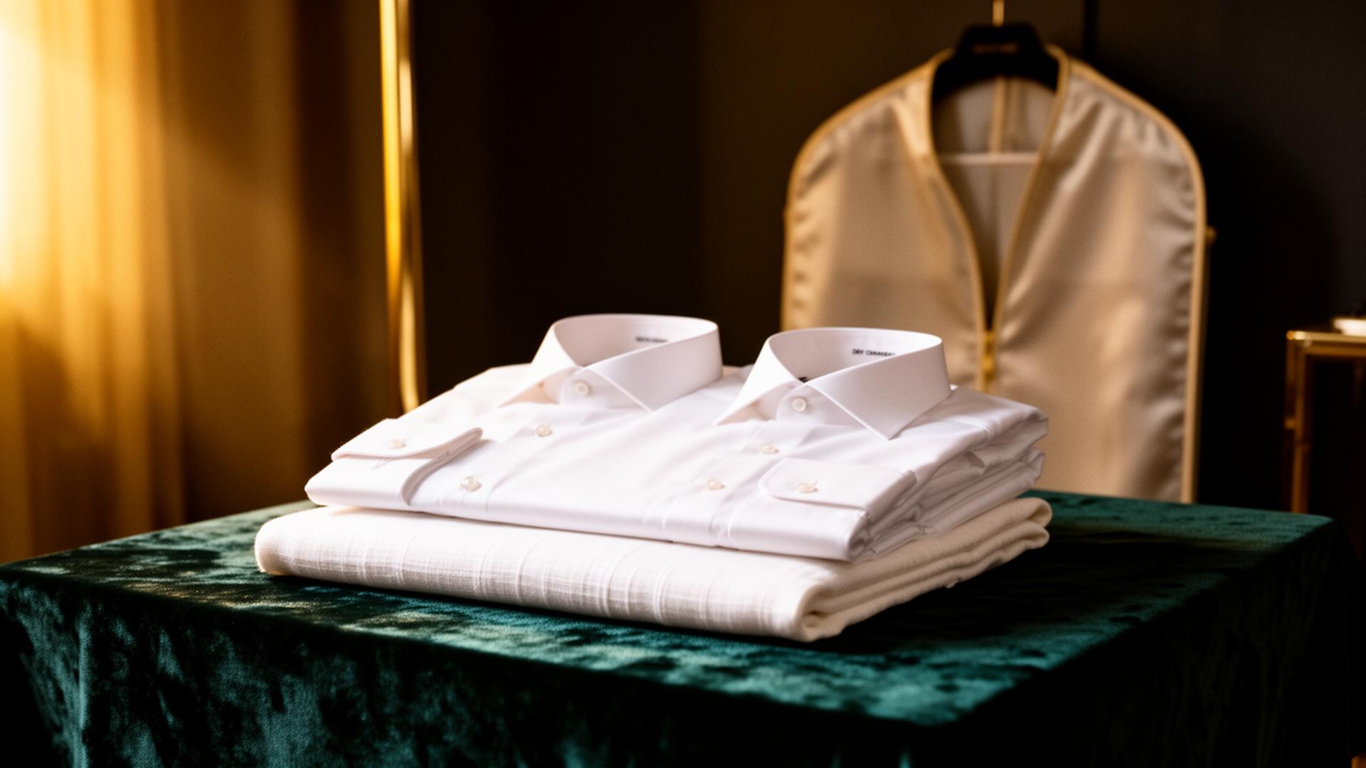 Crisp folded white shirts on emerald velvet — Excellent Bright dry-clean atelier